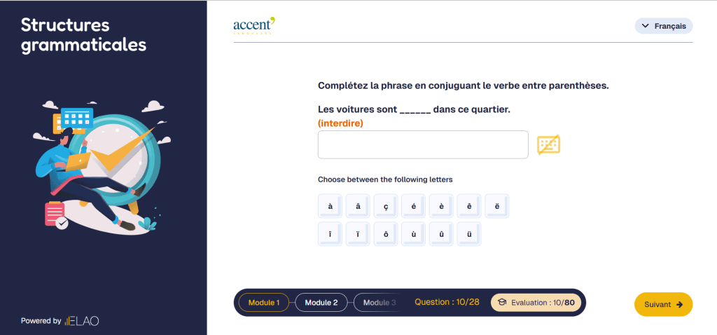 Screenshot nouvelle version test langue ELAO 2