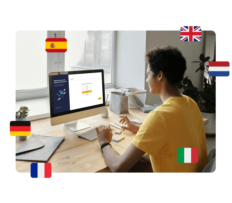 Candidat passant un test ELAO dans une des 6 langues disponibles : anglais, français, italien, néerlandais, espagnol, ou allemand.